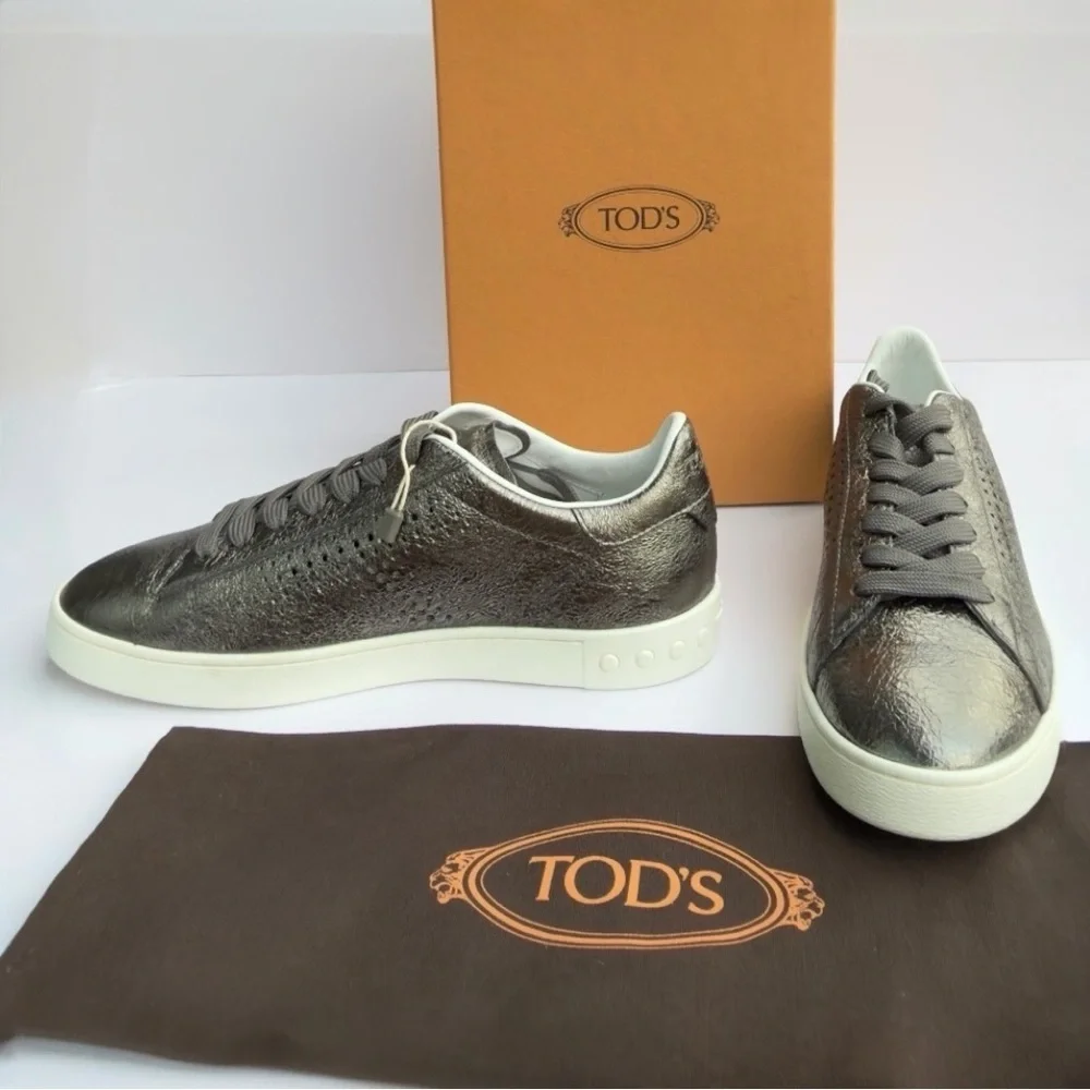 Tod's Women’s Metallic Gunmetal Silver Perforated Leather Low Top Sneakers NEW
